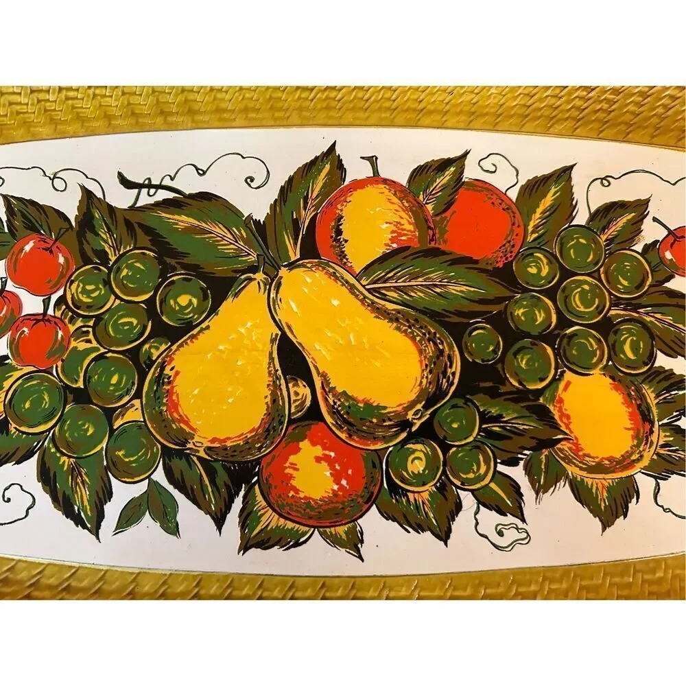 Nevco 3415 Curve Edge Rectangle Tray Fruit Motif Plastic VTG Faux Rattan Japan (